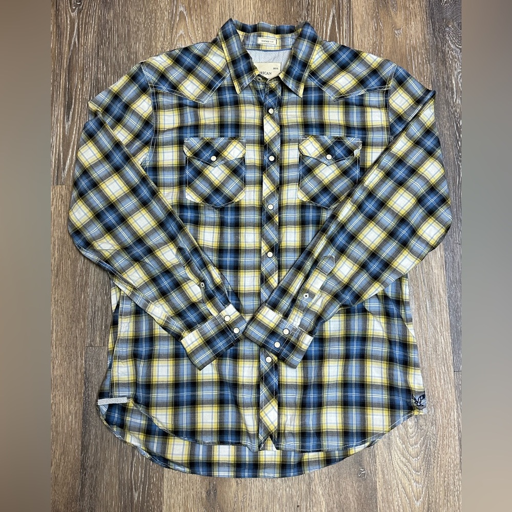 American Eagle Outfitter Mens Yellow Plaid Button Front Vintage Fit PearlSnap XL